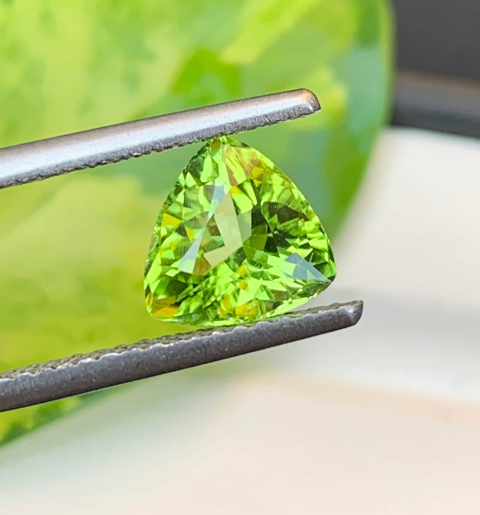 Natural Green Peridot Gemstone: Trillion Cut, 2.25 Carats (1 of 3)