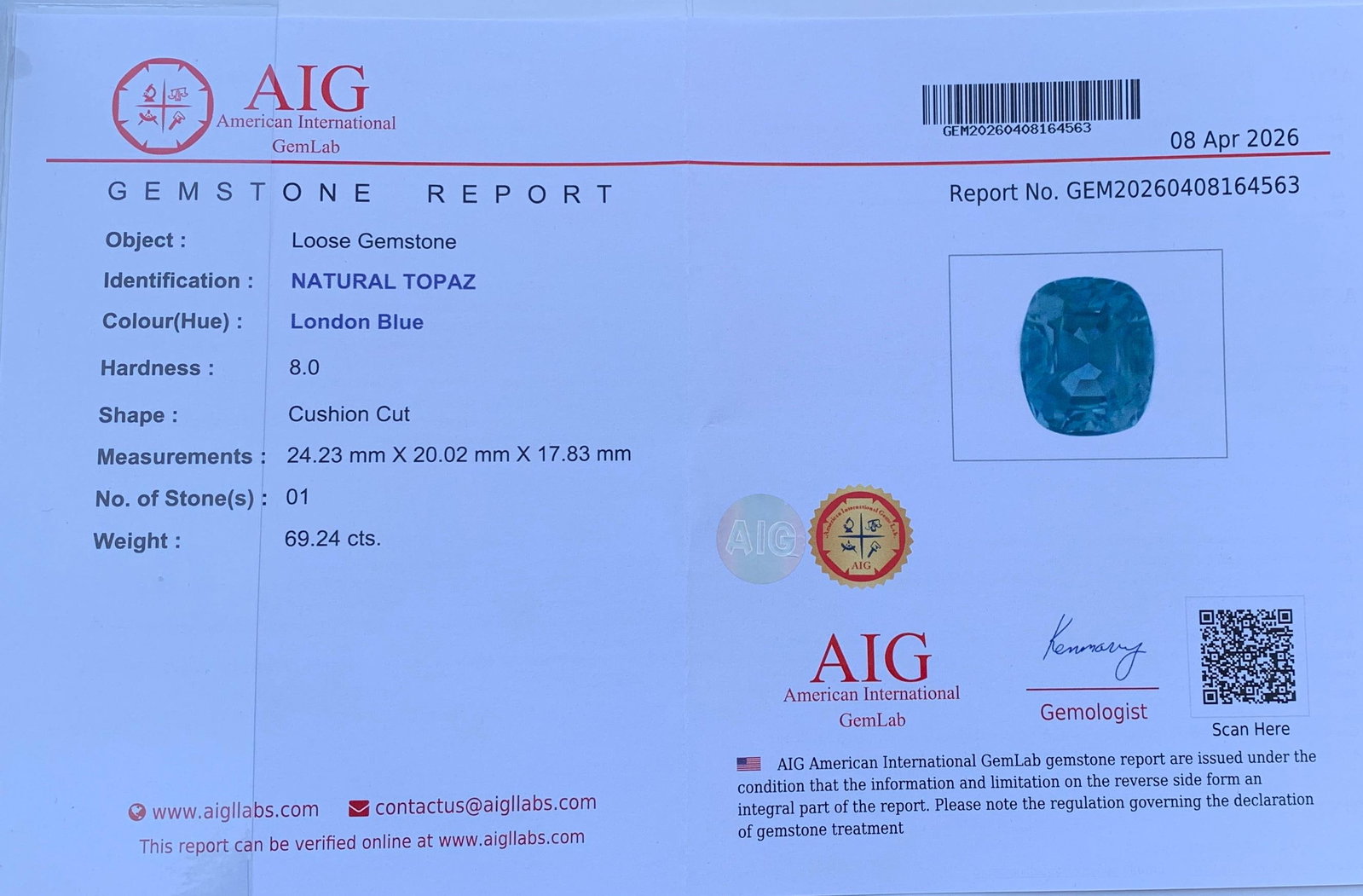 Certified Natural London Blue Topaz Gemstone, 69.24 Ct Cushion Cut Collector Stone - 3