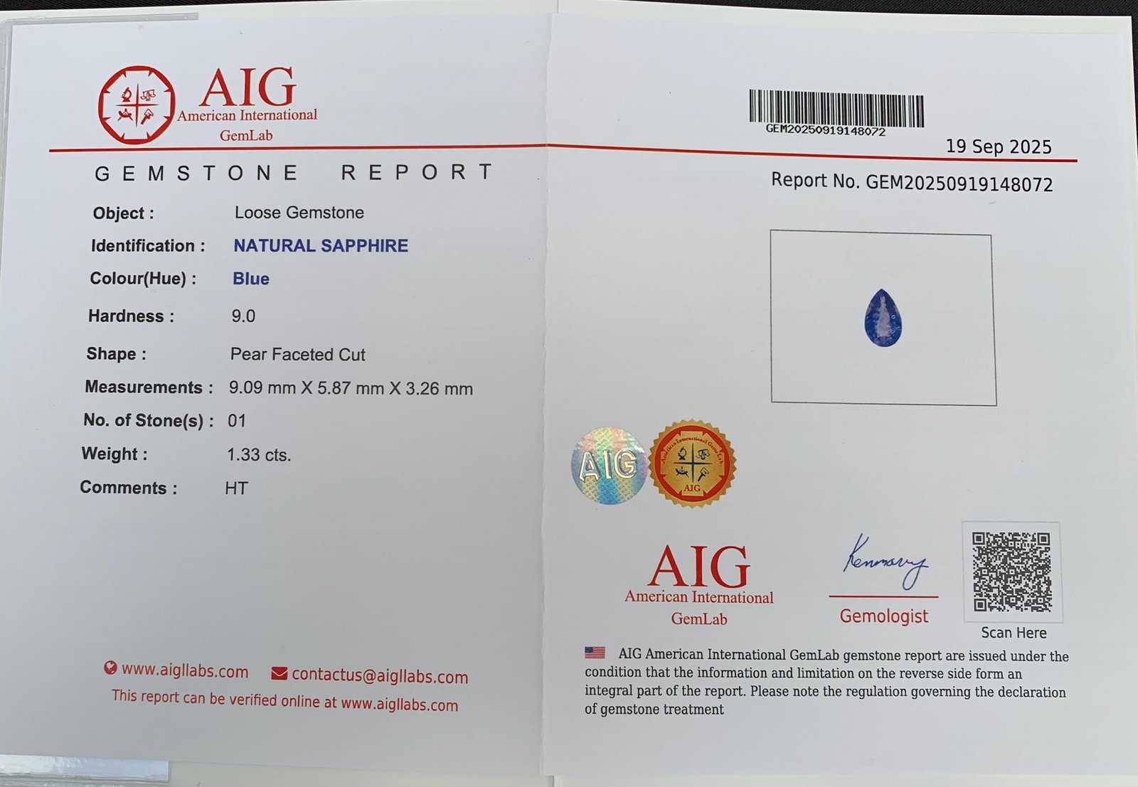 AIG Certified Faceted Blue Sapphire: 1.33 Carat Pear Cut Gemstone: Highlights Supplies for making crafts Materials: Gemstone: Sapphire AIG Certified Natural Sapphire Faceted Loose Blue Color Sapphire Pear Cut For Jewellery Making September Birthstone Weight: 1.33 car