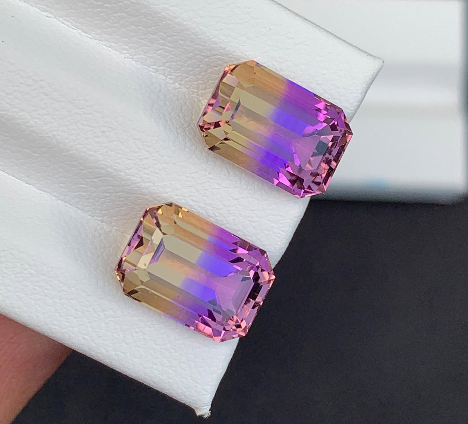 Emerald Cut Bolivian Ametrine Gemstone Pair: 11.90 CT, Royal Purple/Mango Yellow - 5