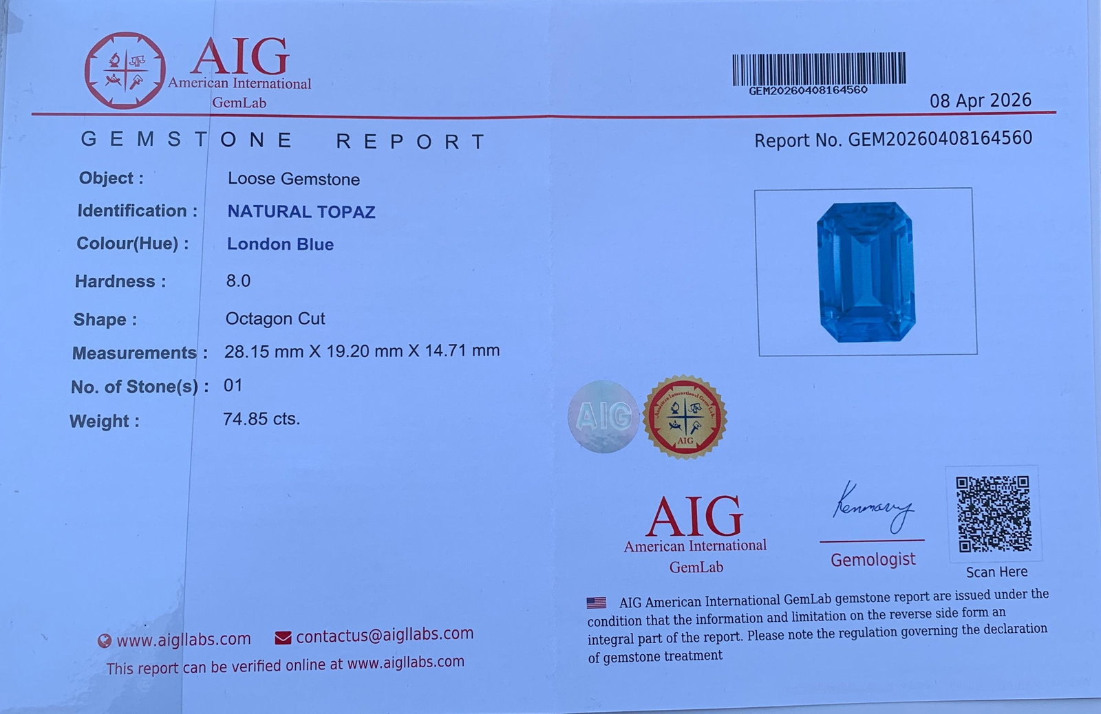 AIG Certified Natural London Blue Topaz Gemstone (74.85 Ct), Brazil Collector Stone - 2