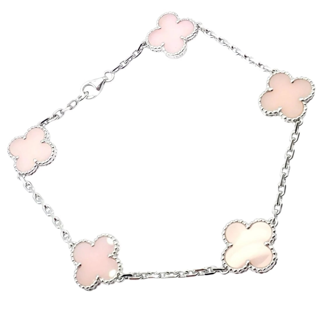 Authentic! Van Cleef & Arpels Alhambra 18k White Gold Pink Opal Bracelet Cert.: Van Cleef & Arpels Alhambra bracelet in 18k white gold featuring five soft pink opal motifs framed by delicate beaded edges. Feminine, elegant, and luminous, it embodies the iconic Alhambra symbolism 