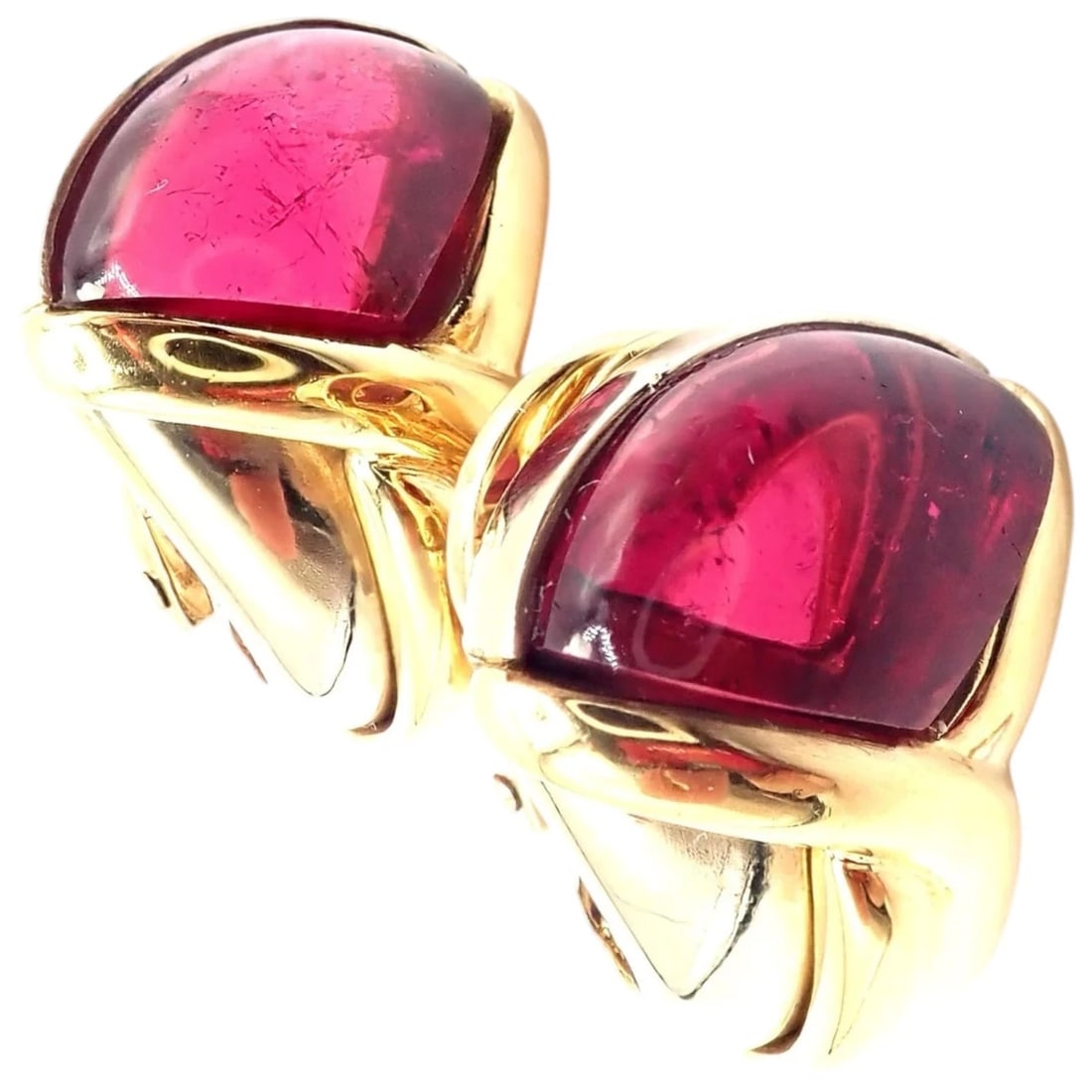 Vintage! Bulgari Bvlgari 18k Yellow & White Gold Pink Tourmaline Earrings: Vintage Bulgari Bvlgari earrings exquisitely crafted in 18k yellow and white gold, featuring richly colored pink tourmaline cabochons in sculptural geometric settings. These elegant designer earrings 