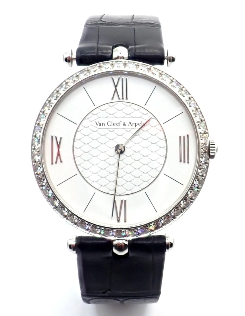 Van Cleef & Arpels Pierre Arpels 18K White Gold Diamond 38mm Watch Cert. Box!: Van Cleef & Arpels Pierre Arpels 18K White Gold Diamond 38mm Watch Cert. Box! About This Piece: Pierre Arpels Watch, 38 mm. 38 mm white gold case; white gold bezel, round diamonds; white lacquer dial,