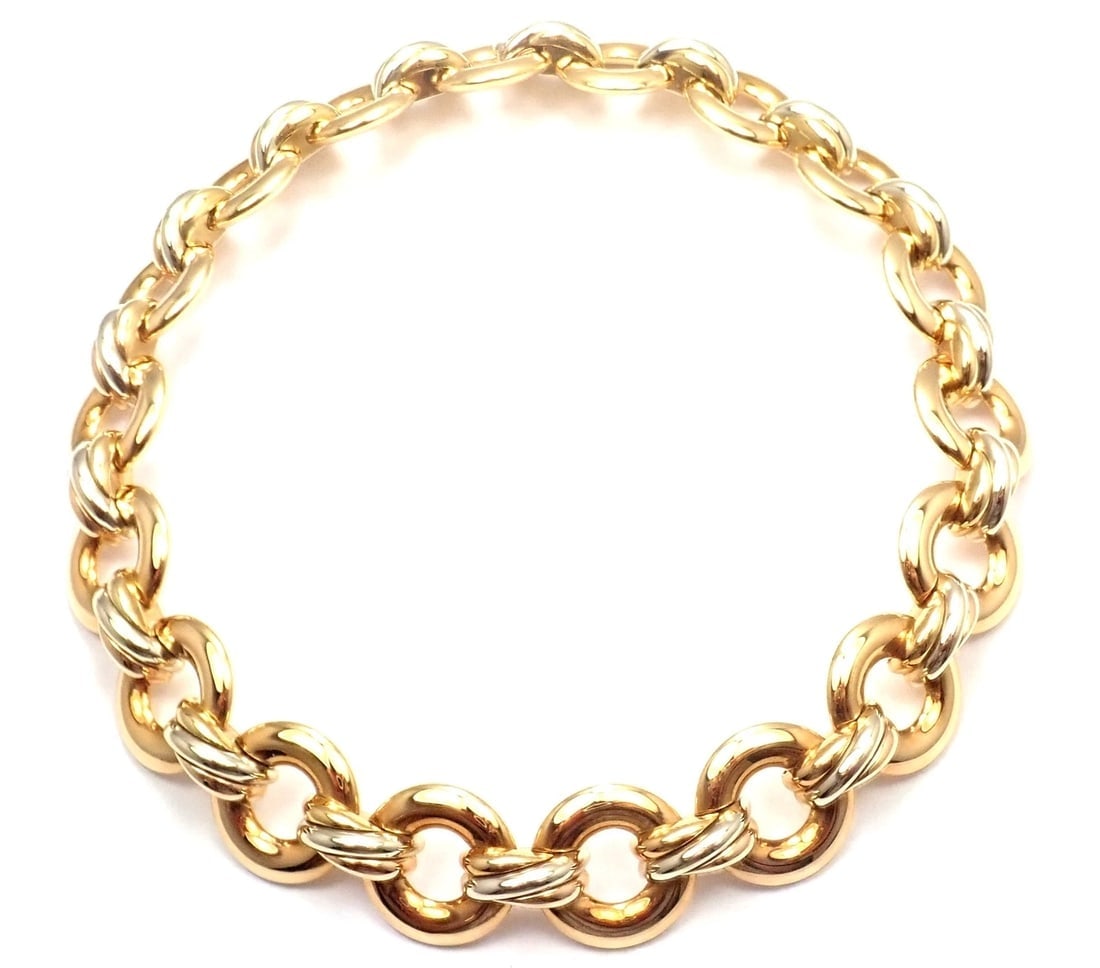 Rare! Authentic Cartier Trinity 18k Multi Color Gold Round Link Necklace: Rare! Authentic Cartier Trinity 18k Multi Color Gold Round Link Necklace About This Piece: About Cartier: The company has a long and distinguished history of serving royalty, as well as stars and cele