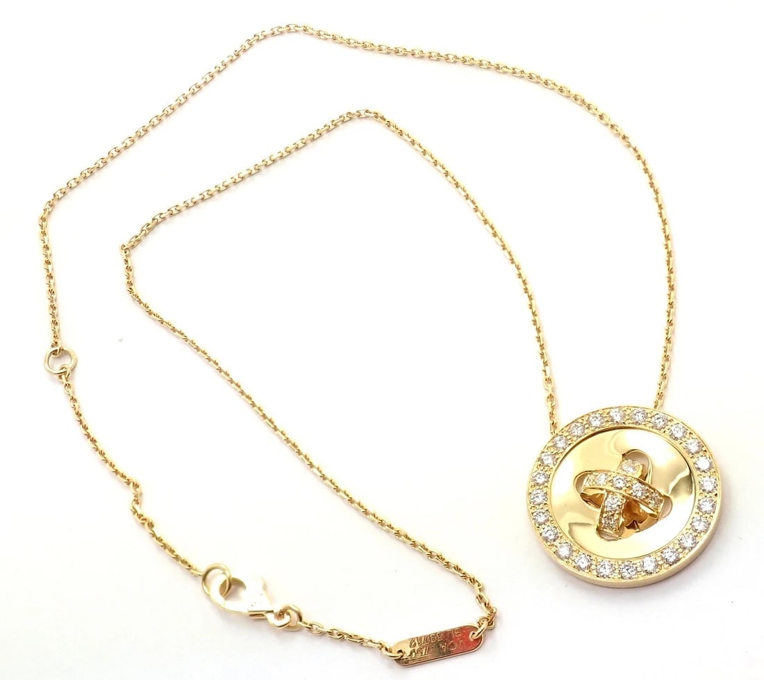 Authentic! Van Cleef & Arpels 18k Yellow Gold Diamond Button Pendant Necklace: Authentic! Van Cleef & Arpels 18k Yellow Gold Diamond Button Pendant Necklace About This Piece: This necklace comes with a service paper from a VCA store and a box. Metal: 18k Yellow Gold Width: Penda