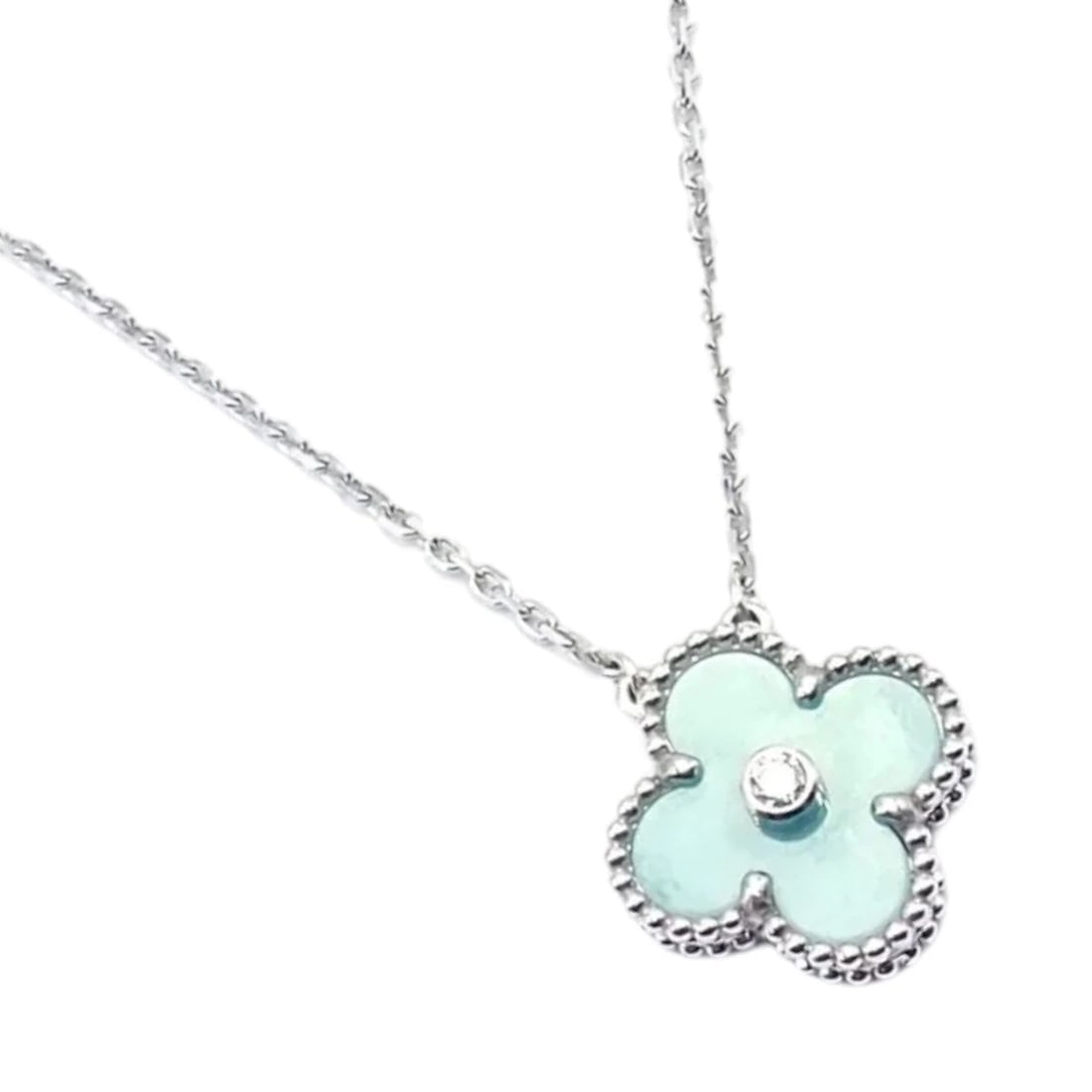 Van Cleef &Arpels Celadon Sèvres Porcelain Diamond 18k Vintage Alhambra Necklace: Van Cleef &Arpels Celadon Sèvres Porcelain Diamond 18k Vintage Alhambra Necklace About This Piece: The Van Cleef & Arpels Celadon Sèvres Porcelain Diamond 18k Vintage Alhambra Necklace is a 