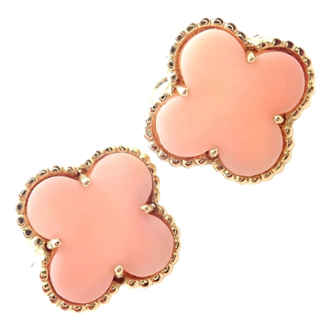 Van Cleef & Arpels Vintage Alhambra 18k Yellow Gold Coral Earrings Paper: Van Cleef & Arpels Vintage Alhambra 18k Yellow Gold Coral Earrings Paper About This Piece: The Van Cleef & Arpels Vintage Alhambra 18k Yellow Gold Coral Earrings are elegant and iconic, featuring the 