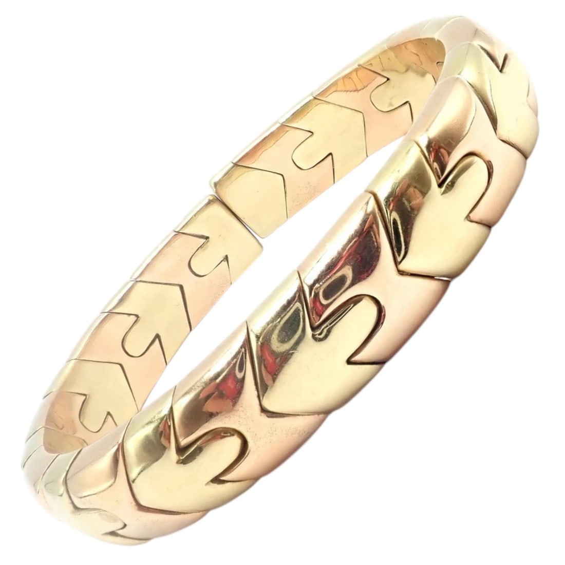 Authentic! Bulgari Bvlgari Alveare 18k Yellow & Rose Gold Bangle Cuff Bracelet: Bulgari Alveare 18k yellow and rose gold bangle cuff featuring bold interlocking honeycomb-inspired links. The seamless pattern creates sculptural movement and a luxurious two-tone glow. Iconic, moder