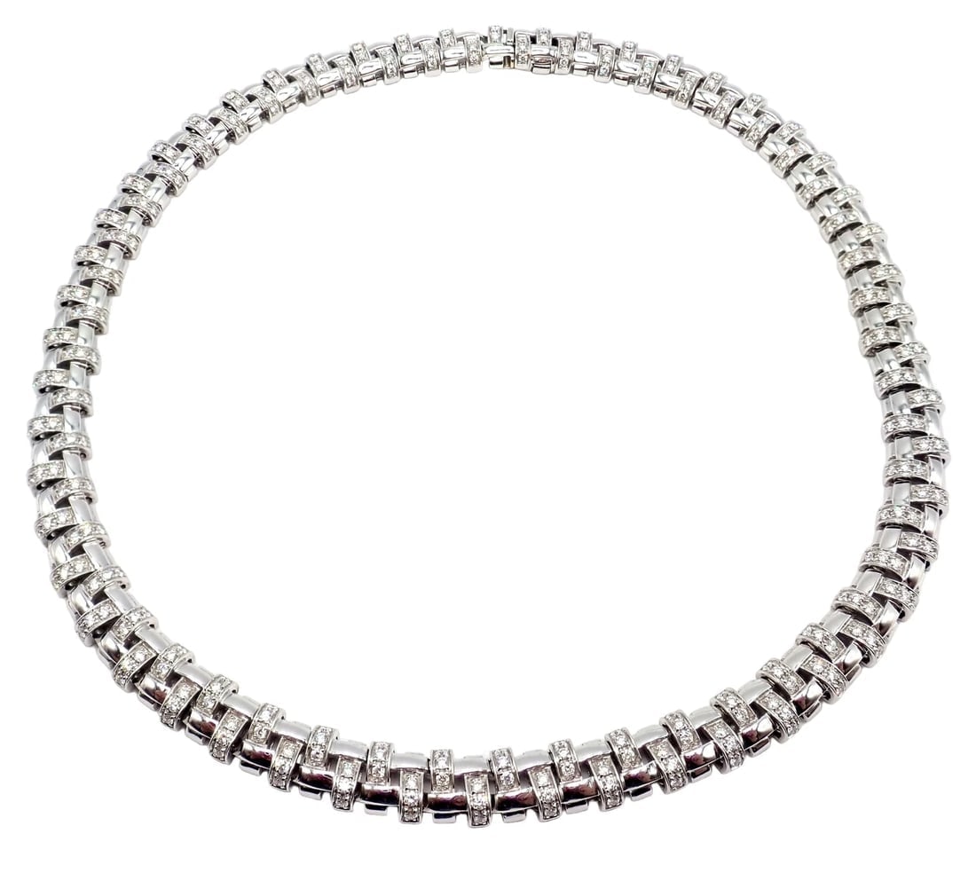 Authentic! Tiffany & Co Vannerie 18k White Gold Basket Weave Diamond Necklace: Authentic! Tiffany & Co Vannerie 18k White Gold Basket Weave Diamond Necklace About This Piece: This authentic Tiffany & Co. Vannerie necklace is a masterpiece of luxury and intricate design. Crafted 