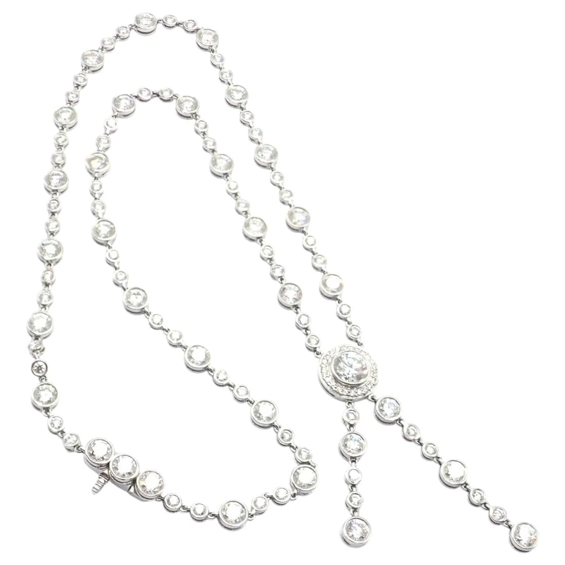 Tiffany & Co Jazz Platinum 8.75ct Diamond Lariat Drop Necklace: Tiffany & Co Jazz Platinum 8.75ct Diamond Lariat Drop Necklace About This Piece: The Tiffany & Co. Jazz Platinum 8.75ct Diamond Lariat Drop Necklace is an exquisite statement piece featuring round bri