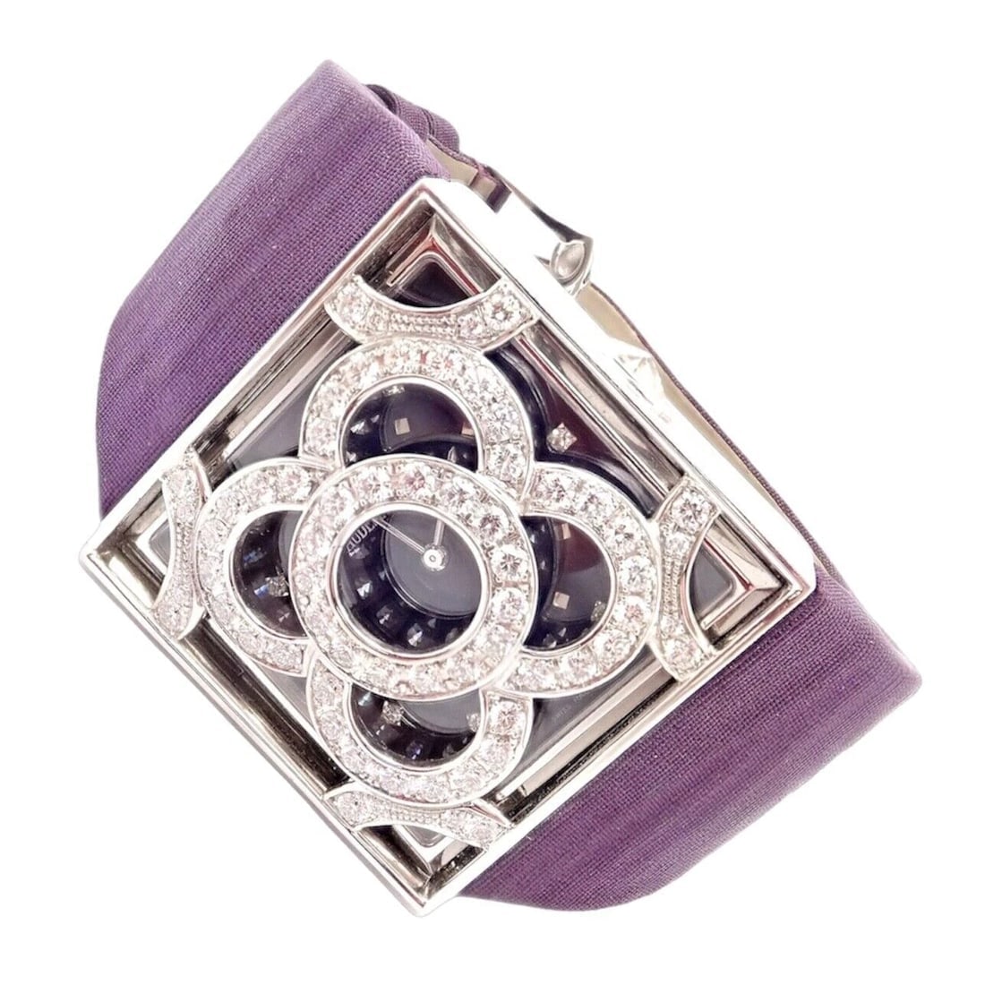 Rare! Authentic Audemars Piguet Danae 18k White Gold Diamond Satin Ladies Watch: Rare! Authentic Audemars Piguet Danae 18k White Gold Diamond Satin Ladies Watch About This Piece: 18k white gold case with a plum satin bracelet. Fixed bezel. Plum dial with diamond-encrusted cover di