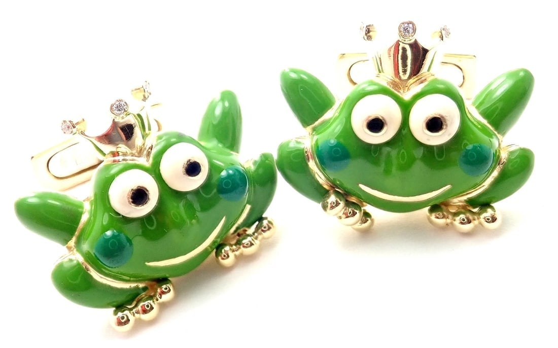 Authentic! Aaron Basha 18k Yellow Gold Diamond Enamel Frog Prince Cufflinks: Authentic! Aaron Basha 18k Yellow Gold Diamond Enamel Frog Prince Cufflinks About This Piece: About Aaron Basha: Born into the third generation of a family of jewelry traders in the Middle East whose 