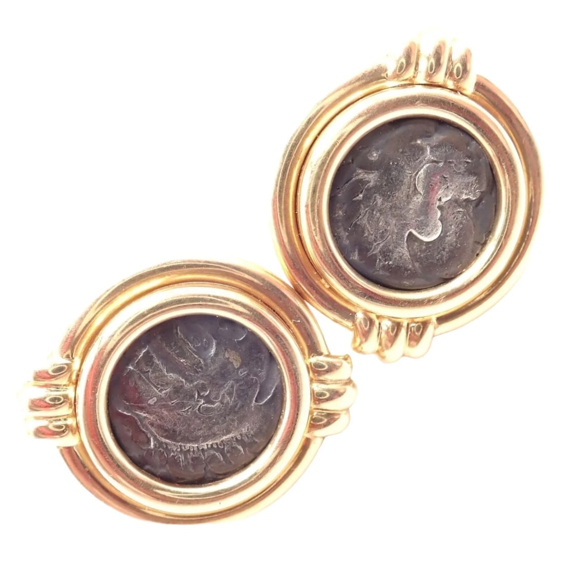 Vintage Bulgari Bvlgari 18k Yellow Gold Alexander The Great Coin Moneta Earrings: Vintage Bulgari Bvlgari 18k Yellow Gold Alexander The Great Coin Moneta Earrings About This Piece: The Vintage Bulgari Bvlgari 18k Yellow Gold Alexander The Great Coin Moneta Earrings blend history an