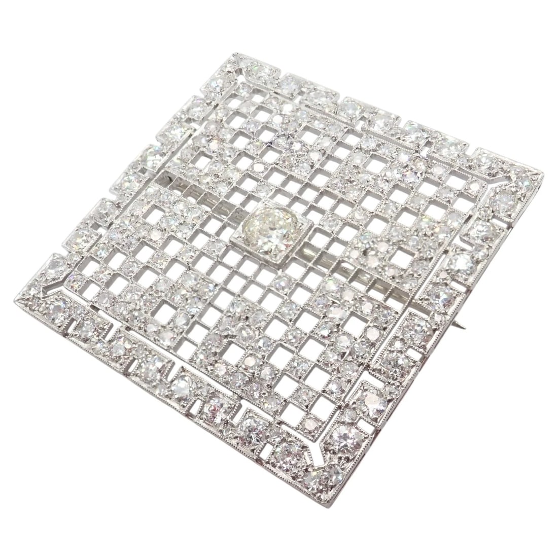 Vintage Estate Art Deco Platinum 5ctw Diamond Square Pin Brooch: his vintage Art Deco brooch showcases timeless elegance in platinum, adorned with approximately 5 carats total weight of dazzling diamonds. The intricate square grid design reflects geometric sophisti