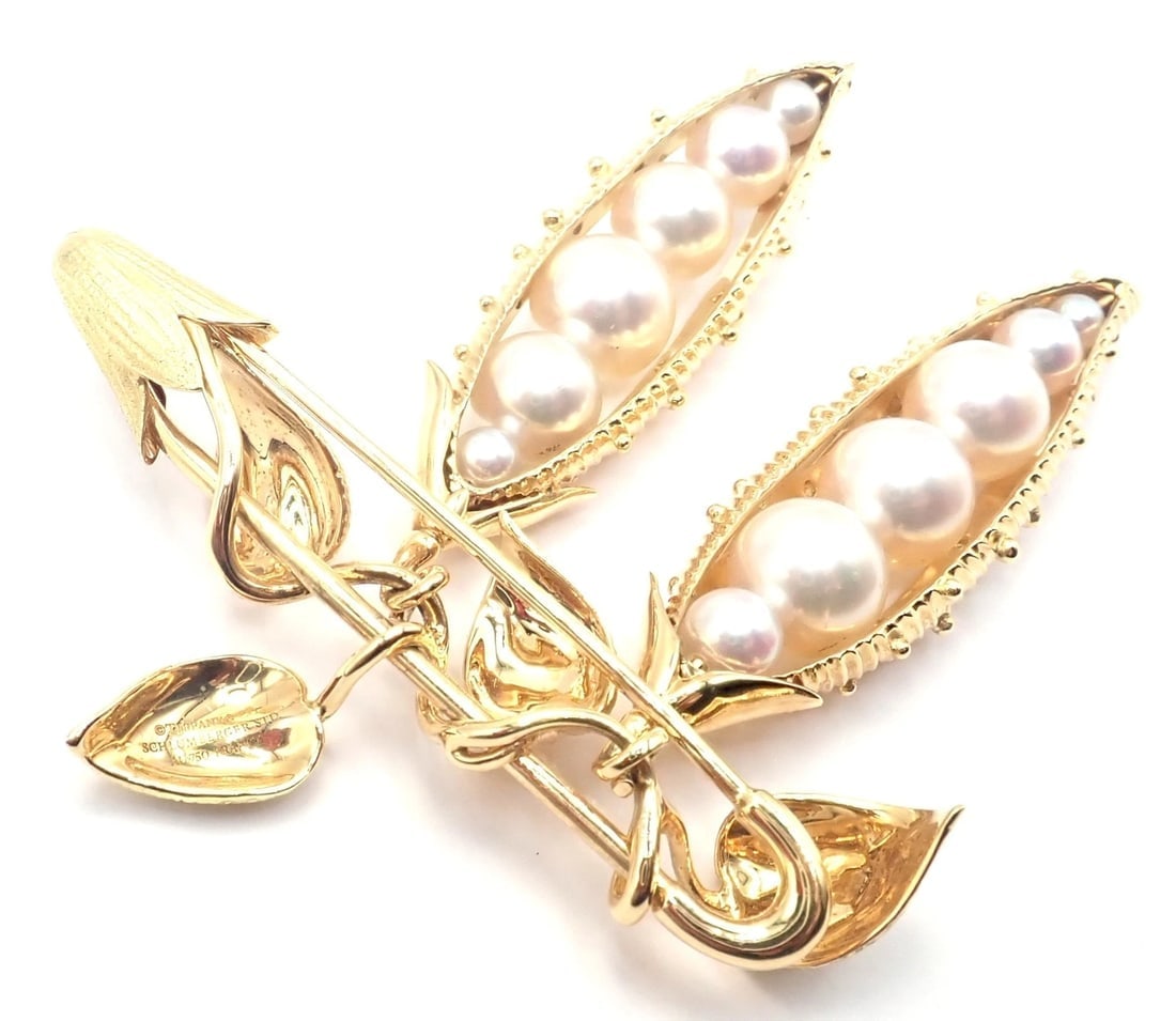 Authentic! Tiffany & Co Schlumberger Peapod 18k Yellow Gold Pearl Pin Brooch - 9