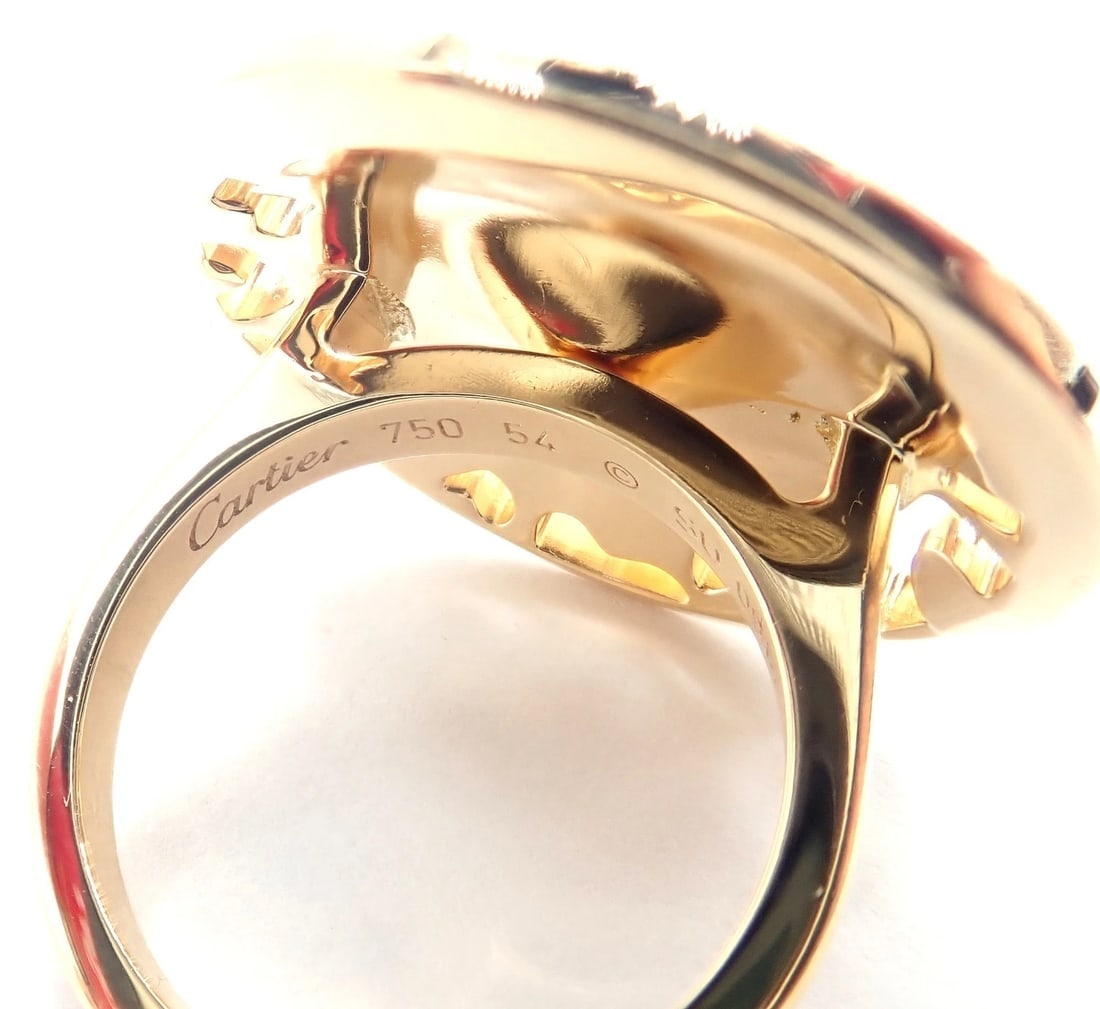 Authentic! Cartier Panther 18k Yellow Gold Diamond Lacquer Tsavorite Ring - 12