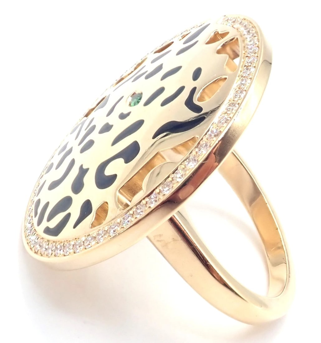 Authentic! Cartier Panther 18k Yellow Gold Diamond Lacquer Tsavorite Ring - 4