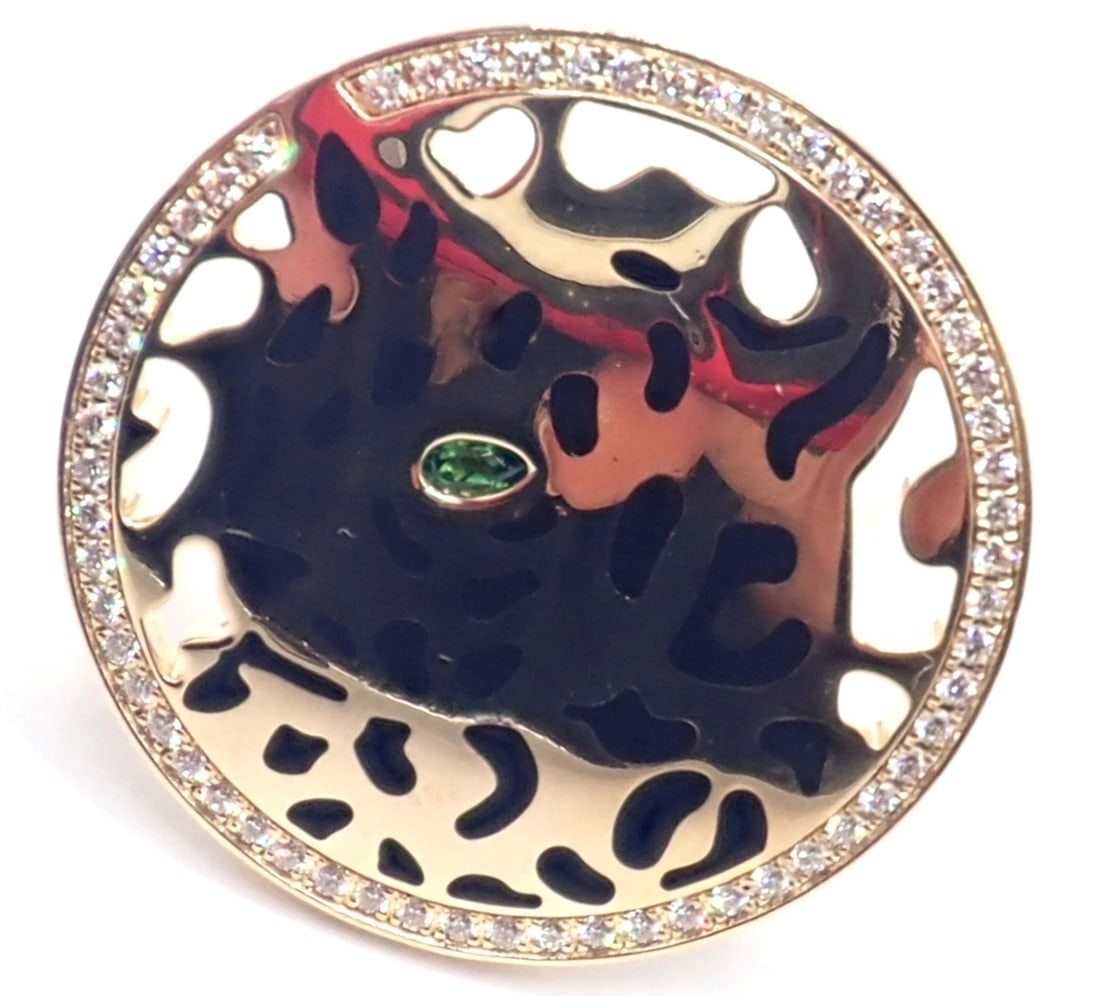 Authentic! Cartier Panther 18k Yellow Gold Diamond Lacquer Tsavorite Ring - 7