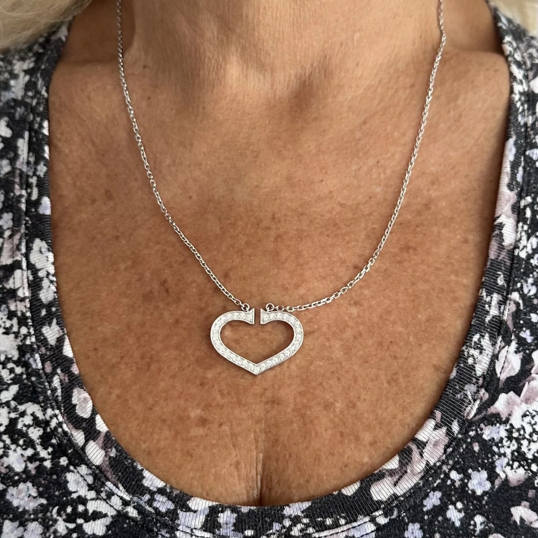 Authentic! Cartier 18k White Gold Diamond Large C Heart Pendant Necklace - 14