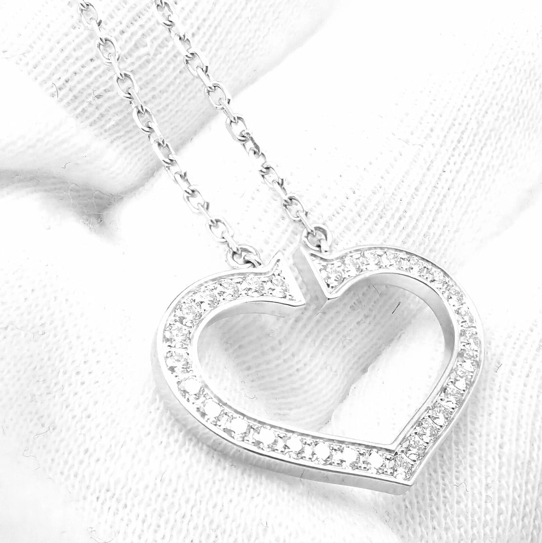 Authentic! Cartier 18k White Gold Diamond Large C Heart Pendant Necklace - 9