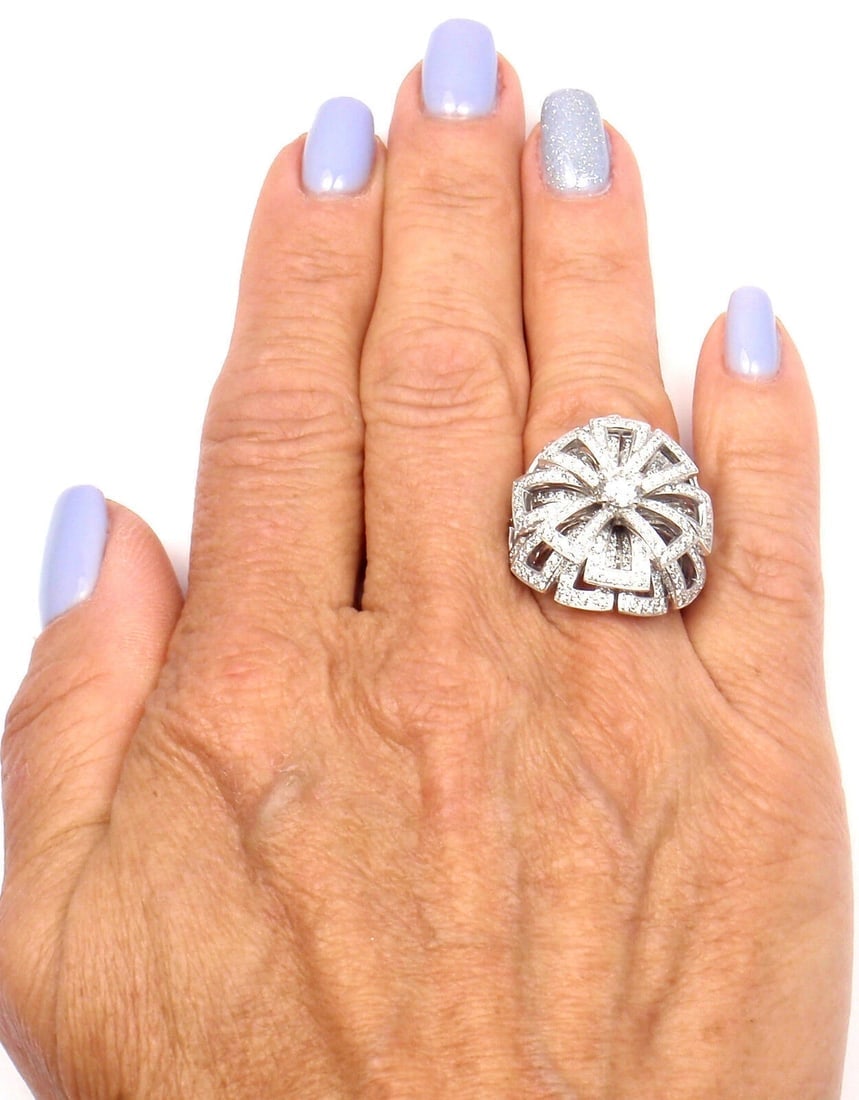 Rare! Authentic Chanel Flower 18k White Gold Diamond Large Ring - 11