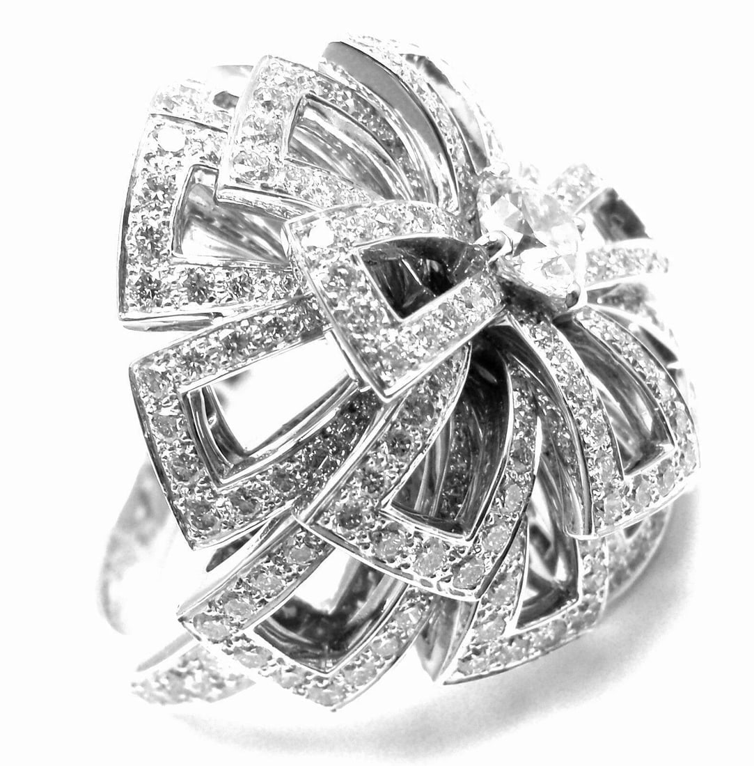 Rare! Authentic Chanel Flower 18k White Gold Diamond Large Ring - 12