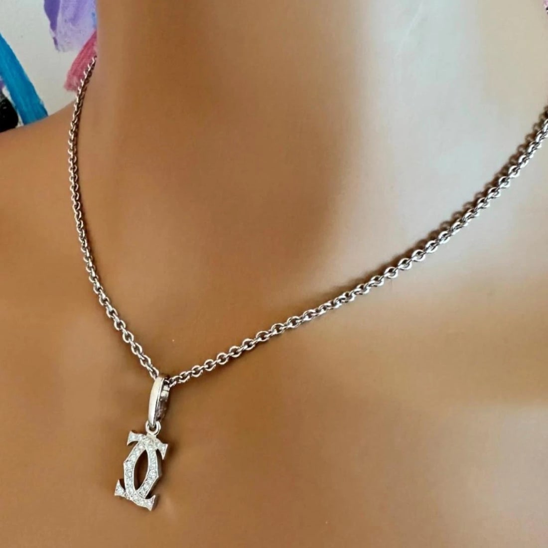 Authentic! Cartier Double C 18k White Gold Diamond Pendant Necklace - 10