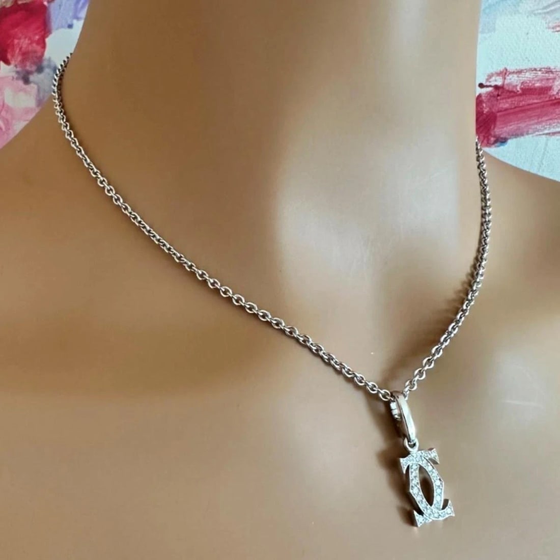 Authentic! Cartier Double C 18k White Gold Diamond Pendant Necklace - 13