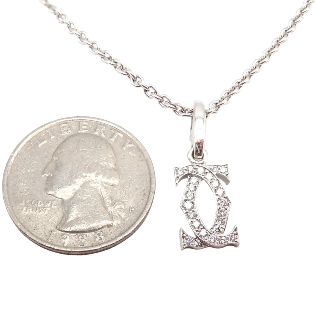 Authentic! Cartier Double C 18k White Gold Diamond Pendant Necklace - 6