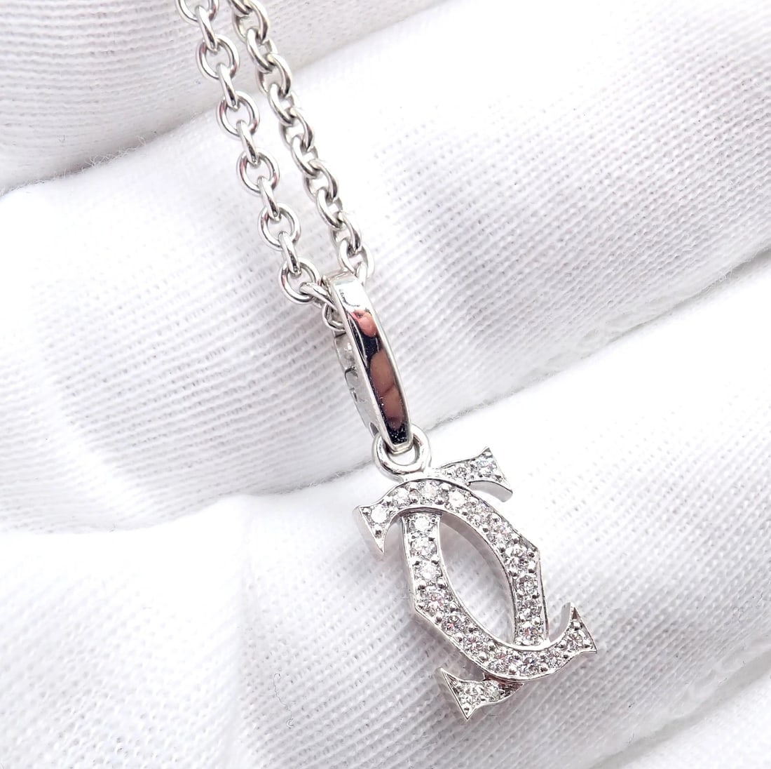 Authentic! Cartier Double C 18k White Gold Diamond Pendant Necklace - 7