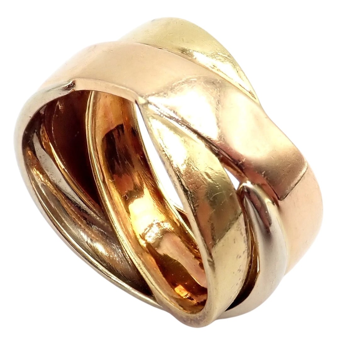 Authentic! H. Stern 18k Tricolor Gold Stacked Band Ring sz 6: This authentic H. Stern ring is crafted in 18k tricolor gold, featuring a bold stacked band design in yellow, rose, and white gold. The smooth, overlapping curved bands create a sculptural layered loo