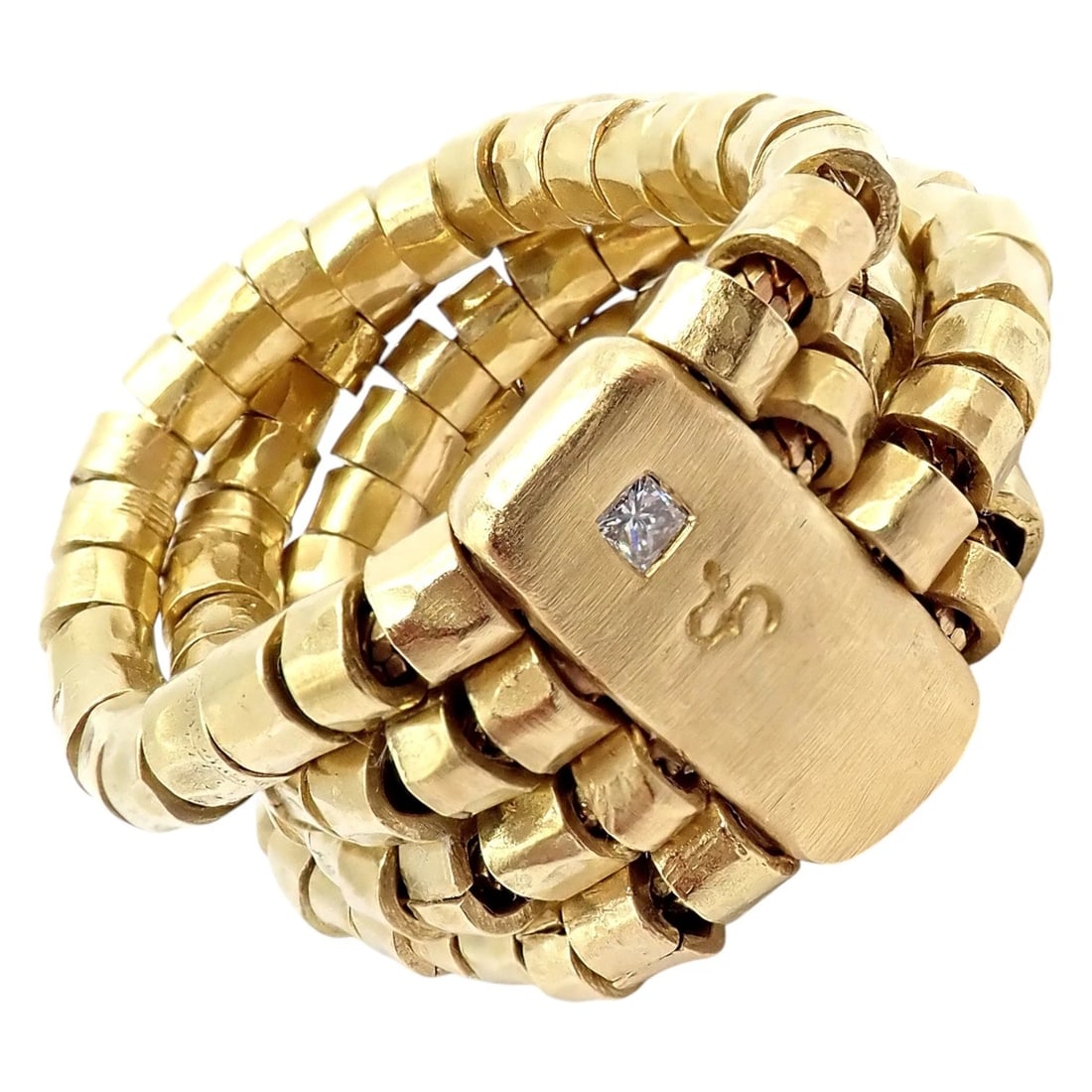 Authentic! H. Stern 18k Yellow Gold Diamond 4 Strand Beaded Band Ring sz 7: This authentic H. Stern ring crafted in 18k yellow gold, featuring a bold four-strand beaded band design with flexible, segmented gold links. A brushed rectangular top plaque is accented by a single p