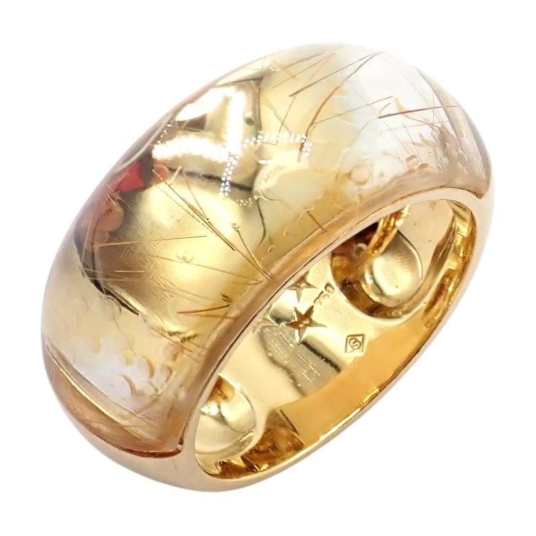 Authentic! H. Stern 18k Yellow Gold Rutilated Quartz Ring sz 6.5: This authentic H. Stern ring is crafted in 18k yellow gold, featuring a bold domed band set with luminous rutilated quartz. The golden needle-like inclusions create a striking natural pattern, beautif