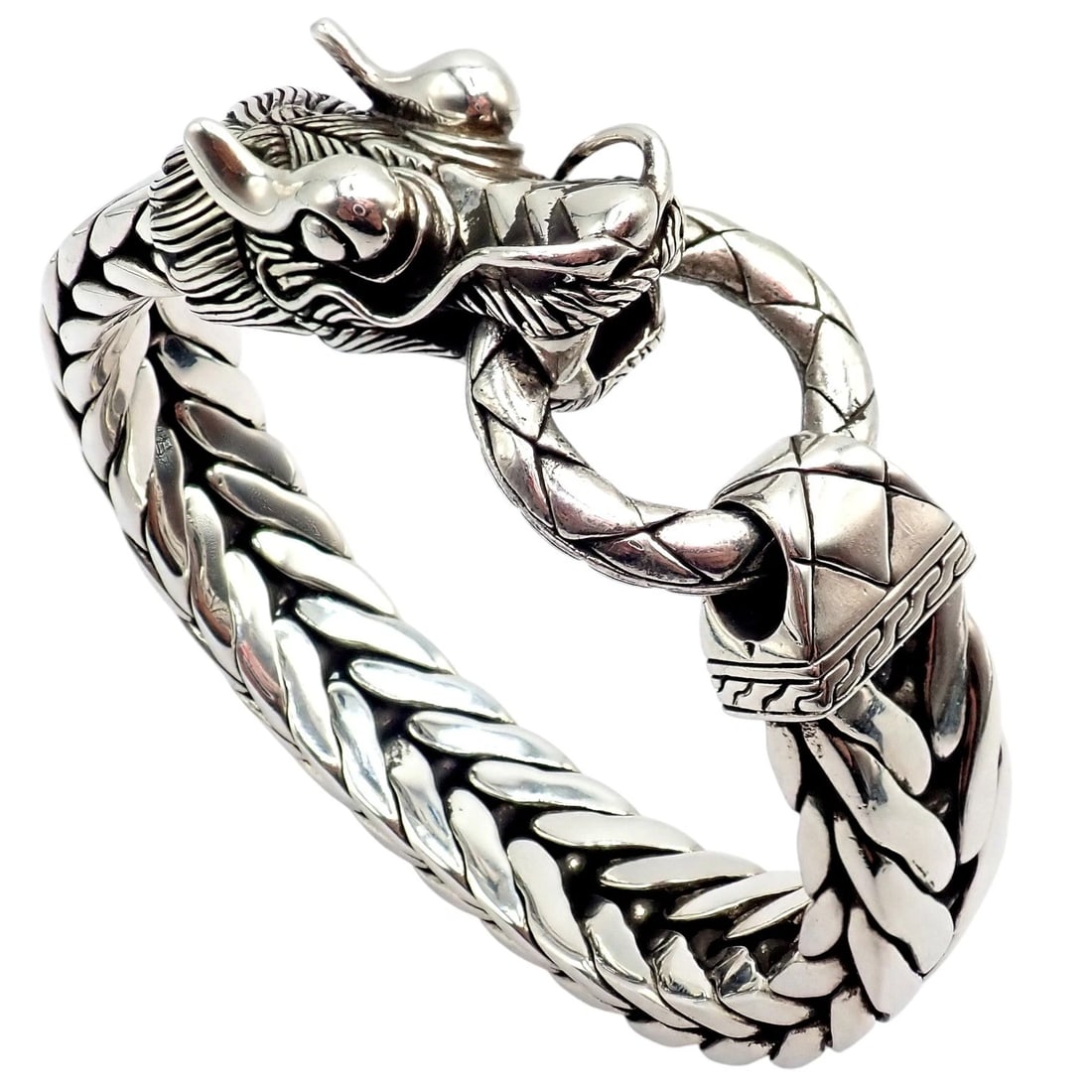 Authentic! John Hardy JH Silver Wide Naga Dragon Large Mens XL Bracelet: This authentic John Hardy JH men’s XL bracelet is crafted in sterling silver, featuring a wide woven design with the iconic Naga dragon clasp. The bold braided texture, oxidized detailing, and s