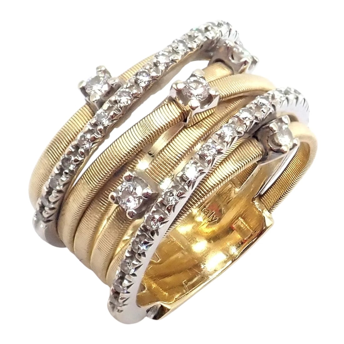 Authentic! Marco Bicego 18k Yellow White Gold Diamond 7 Row Goa Ring sz 6.5: This authentic Marco Bicego Goa ring is crafted in 18k yellow and white gold, featuring seven textured rows with sparkling diamond accents. Elegant Italian design with signature coil-style detail and 