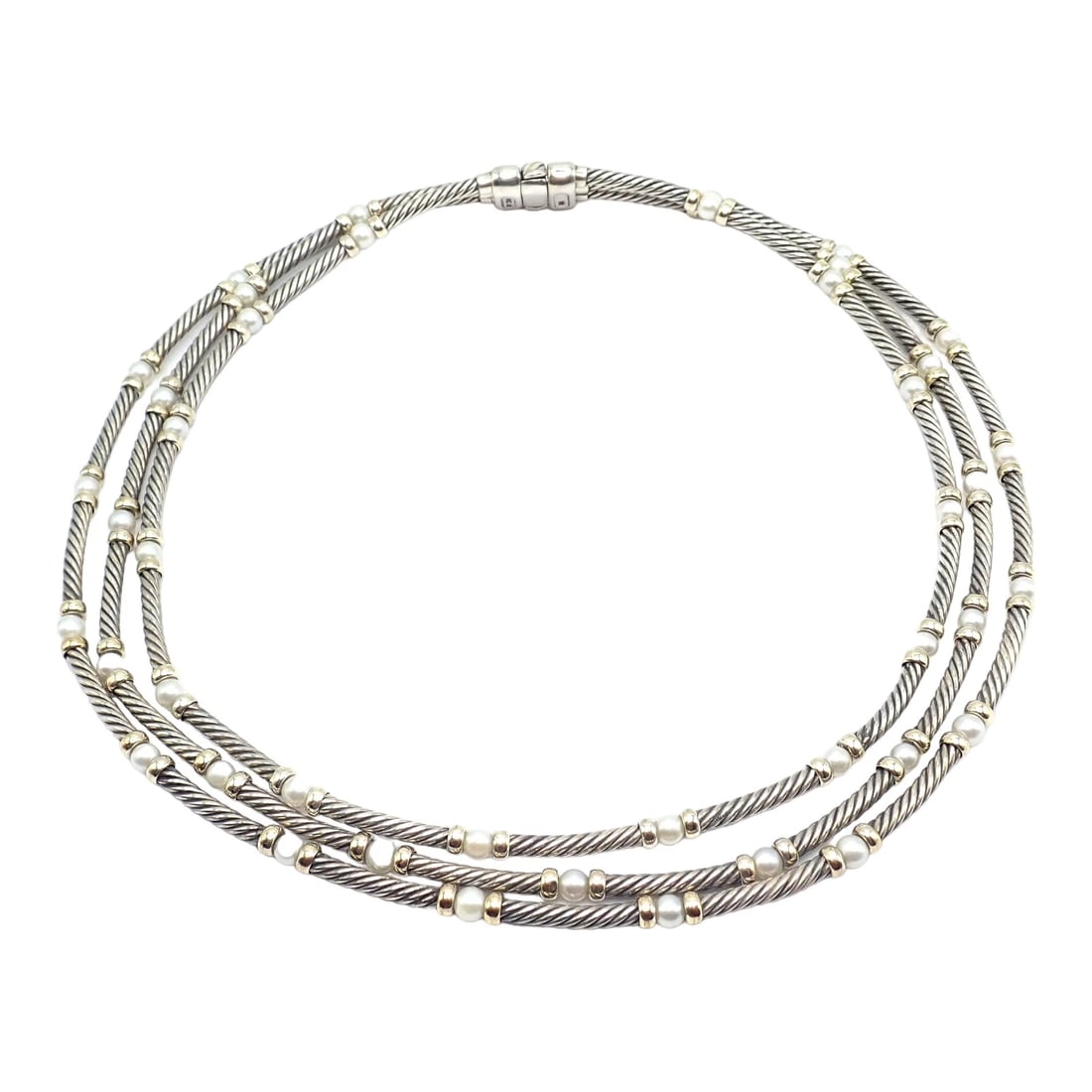 David Yurman DY Sterling Silver 14k Yellow Gold 3 Cable 3mm Pearl Necklace 15" (1 of 7)