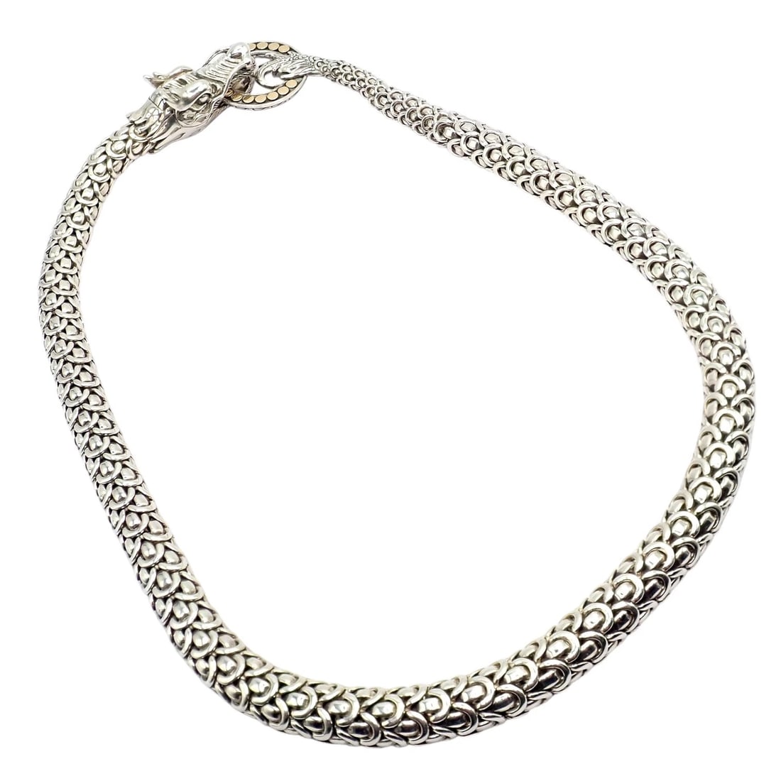 John Hardy JH Silver 18k Yellow Gold Naga Dragon Dots Necklace: This John Hardy JH necklace crafted in sterling silver with 18k yellow gold dot accents, featuring the iconic Naga dragon motif. The woven chain design offers rich texture and fluid movement, finished