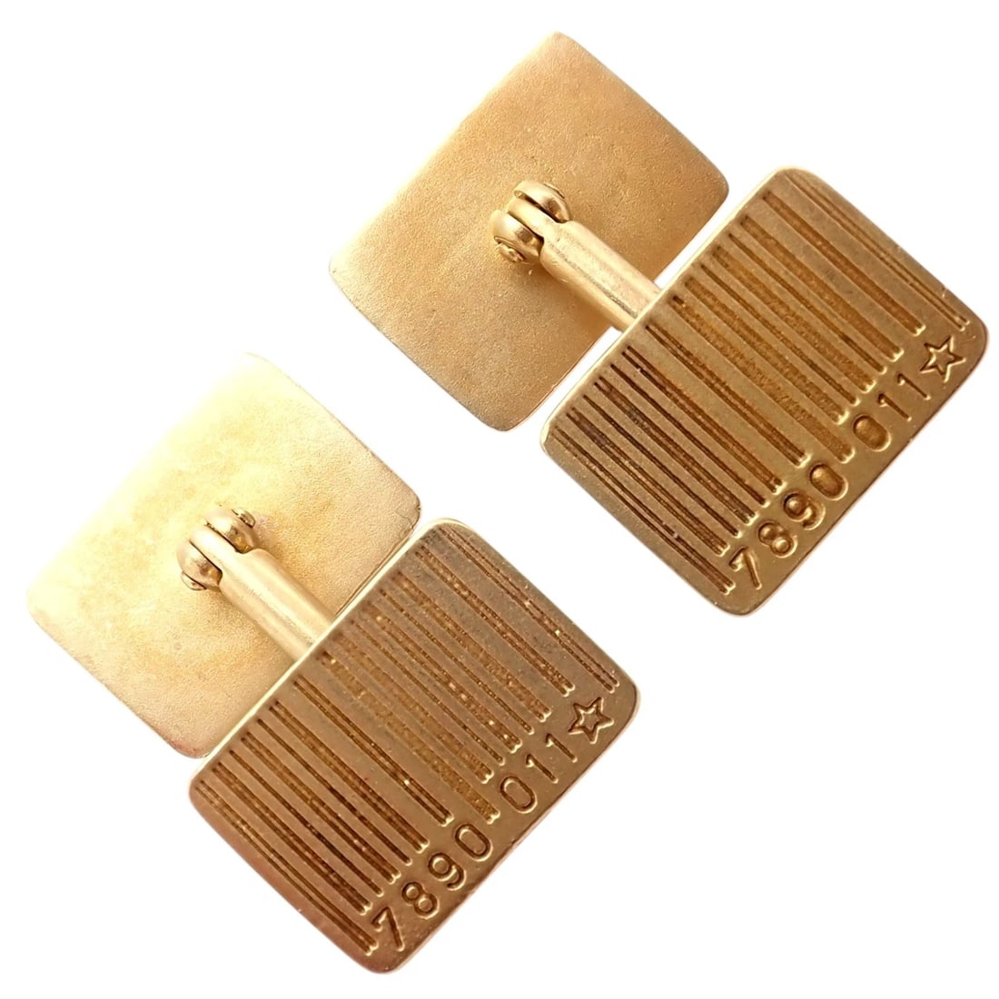 Rare! H. Stern 18k Yellow Gold UPC Bar Code Cufflinks: These rare H. Stern cufflinks are crafted in 18k yellow gold, featuring a playful UPC bar code design with raised numbers and star detail. The rectangular fronts have a textured brushed finish, paired