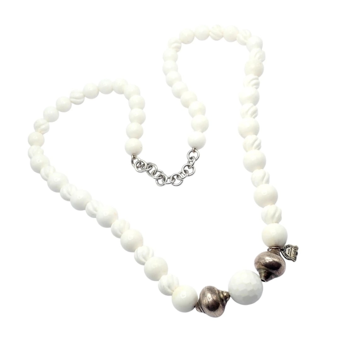 Rare! Vintage Mario Buccellati Free Time Silver Large White Stone Necklace 31": This vintage Mario Buccellati “Free Time” necklace features large white beads elegantly strung along a 31-inch strand. Accented with sculptural sterling silver elements, it reflects Buccel