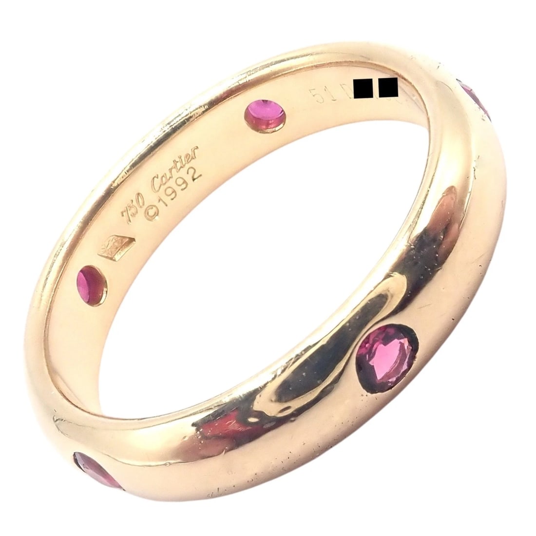Authentic! Cartier Stella 18k Rose Gold Ruby Band Ring Size 51: Radiant Cartier Stella 18k Rose Gold Ruby Band Ring crafted in rich 18k rose gold. This elegant band features vibrant bezel-set rubies spaced around the polished dome silhouette. Timeless and refined,