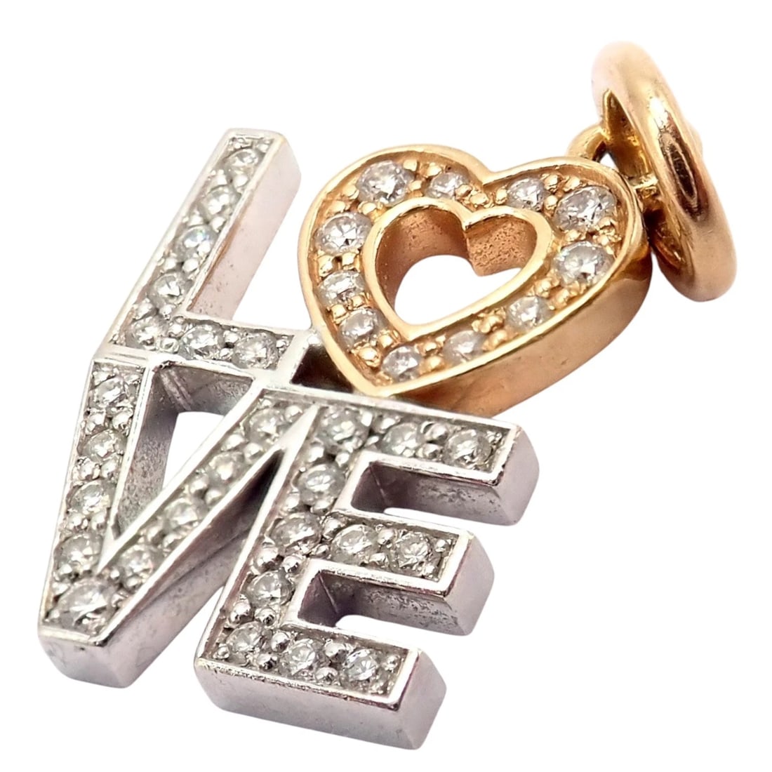 Tiffany & Co. 18k Yellow + White Gold LOVE Philadelphia Diamond Pendant Charm: Tiffany & Co. “LOVE Philadelphia” pendant charm crafted in 18k yellow and white gold, accented with sparkling pavé diamonds. The modern sculptural design features a diamond-set LOVE m