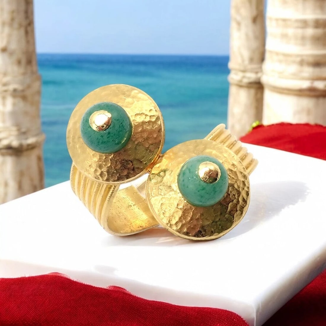 Authentic! Ilias Lalaounis Greece 22k Yellow Gold French Nephrite Ring: This stunning Ilias Lalaounis ring from 1980s Greece showcases masterful craftsmanship in 22k yellow gold, featuring two rich French nephrite centerpieces. A bold yet refined design, this size 10 stat