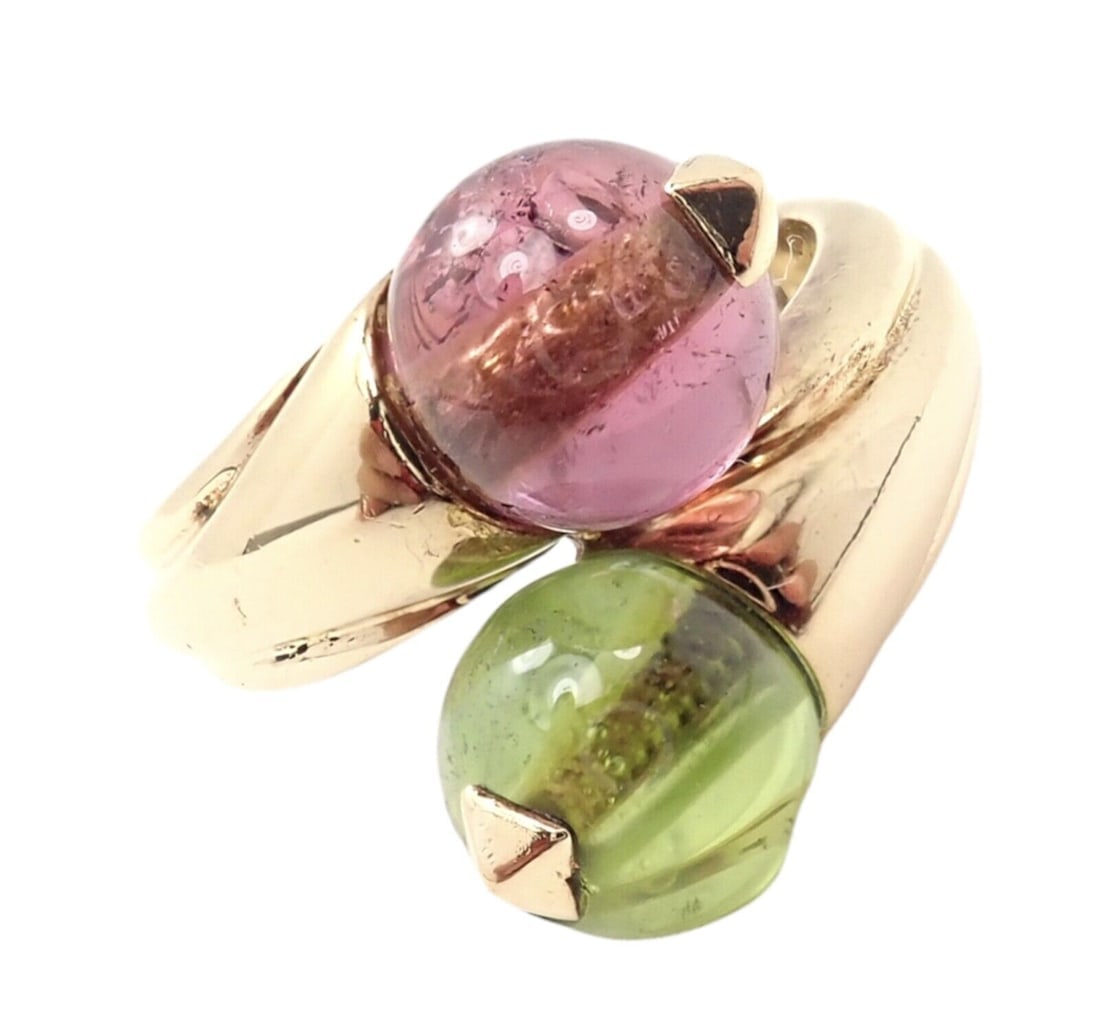 Vintage Bulgari Bvlgari 18k Yellow Gold Pink + Green Tourmaline Bypass Ring: Vintage Bulgari Bvlgari 18k Yellow Gold Pink + Green Tourmaline Bypass Ring Vintage Bulgari Bvlgari 18k Yellow Gold Pink + Green Tourmaline Bypass Ring Product Description About This Piece: Metal: 18k