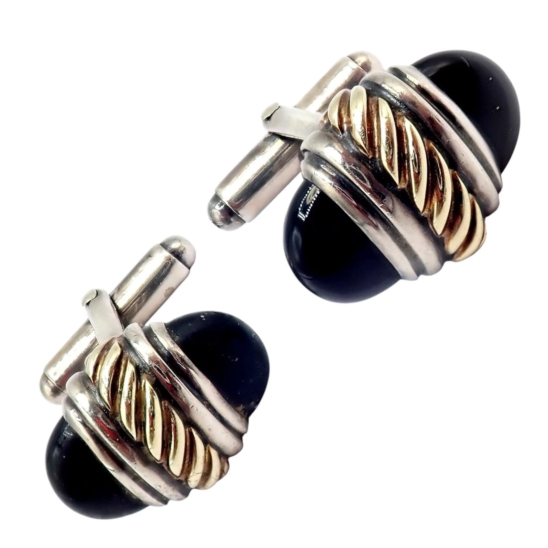 Authentic! David Yurman DY Silver 14k Yellow Gold Onyx Double Oval Cufflinks (1 of 11)