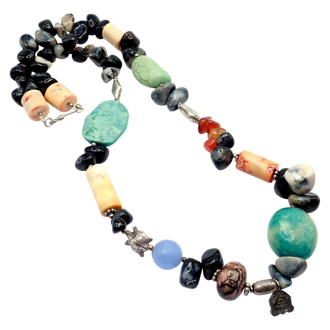 Rare! Mario Buccellati Free Time Silver Large Snake Turtle River Stone Necklace: Rare Mario Buccellati Free Time 30 inch long necklace showcases an eclectic mix of polished river stones, turquoise, coral, and agate beads. Interspersed with sterling silver accents, including whimsi