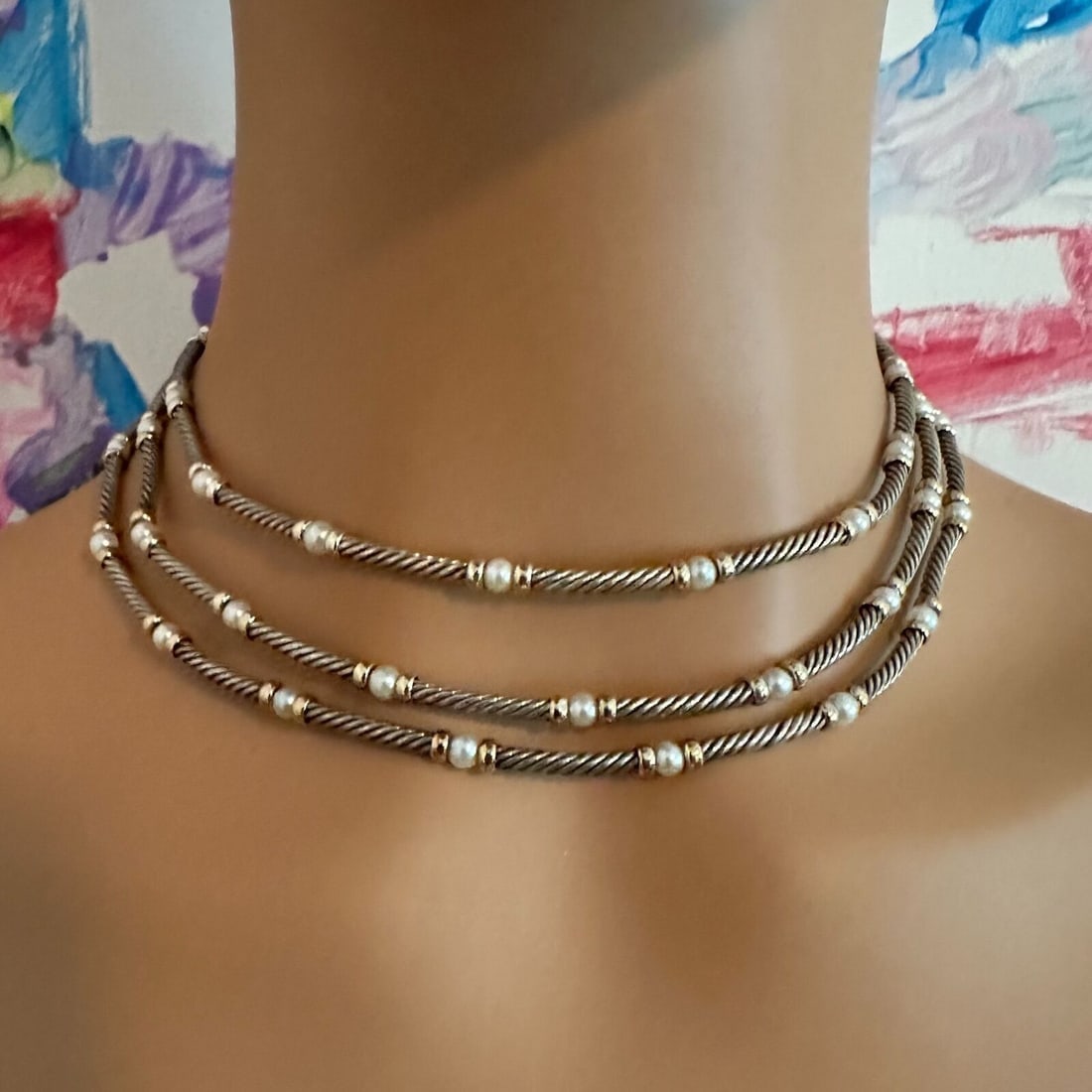 David Yurman DY Sterling Silver 14k Yellow Gold 3 Cable 3mm Pearl Necklace 15" (1 of 6)