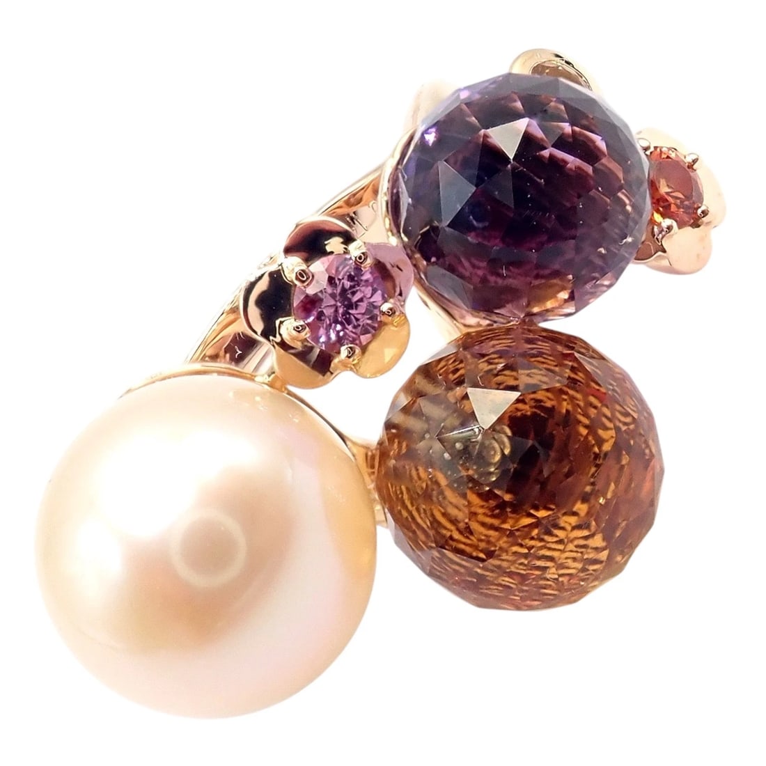 Chanel Mademoiselle 18k Rose Gold Diamond Amethyst Citrine Ring sz 5.75: Chanel Mademoiselle 18k rose gold ring features a playful cluster of vibrant gemstones, including faceted amethyst and citrine with other color stones, accented by a luminous pearl. Sculptural curves 