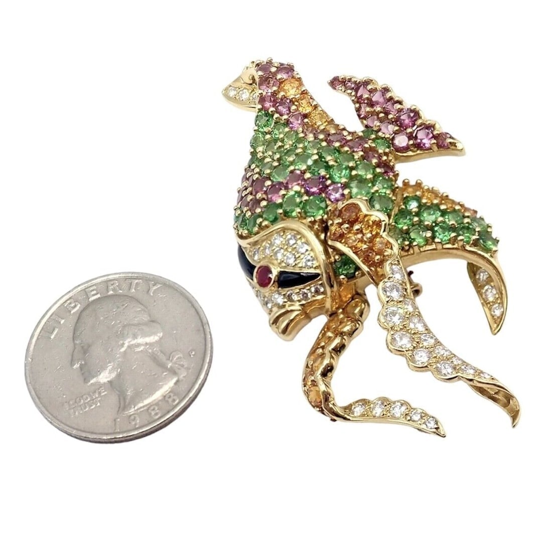 Authentic! Rare Jean Vitau 18k Yellow Gold Diamond Color Stone Angel Fish Brooch (1 of 11)