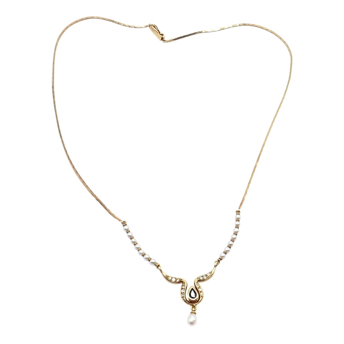 Rare Authentic H. Stern 18k Yellow Gold Diamond Sapphire Teardrop Pearl Necklace: Rare authentic H. Stern 18k yellow gold necklace features luminous seed pearls, sparkling diamond accents, and a striking pear-shaped sapphire centerpiece. Flowing gold curves create an elegant, organ